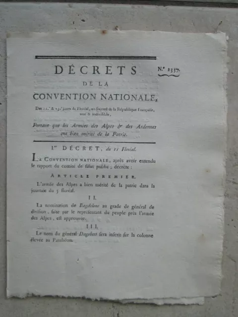 Décret 1794 : ARMEE DES ALPES, DES ARDENNES ont bien mérité de la patrie.