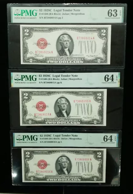 3 Consecutive 1928C $2 Red Seal BA Block Julian/Morgenthau PMG 63/64 N222