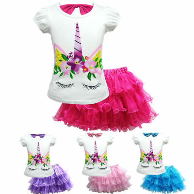 Girls Kids Clothes Set Unicorn T-Shirt Tops + Lace Tutu Skirt Dress Outfits