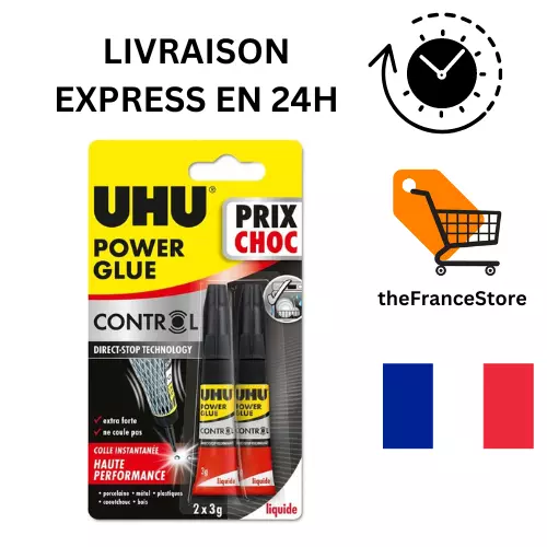 UHU Power glue liquide control - colle extra forte, transparente, tubes 2x3g