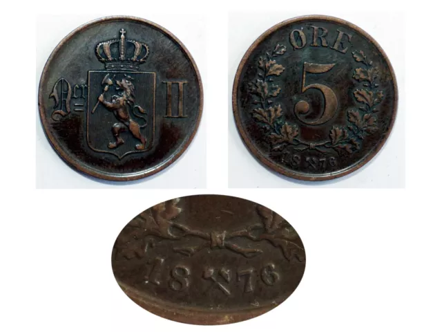 PIECE NORVEGE 1876 NORWAY 5 ORE OSCAR II & Lion KM349