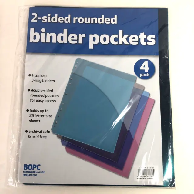 2 Sided Rounded Binder Pockets 4 Pack New 3 Ring Fit Archival Safe Acid Free