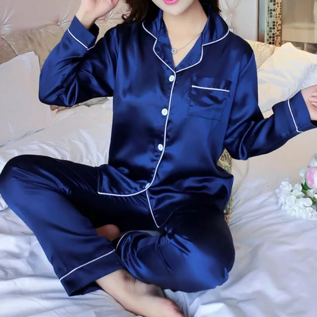 Womens Ladies Satin Pyjamas PJs Silk Long Sleeve Soft Nightwear Sleepwear Set UK