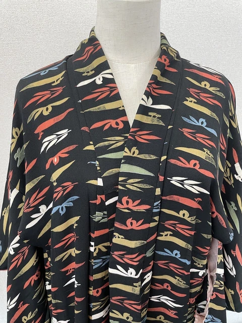 H&A SILK Vintage Japanese KIMONO Dress cardigan Black Yukata from Japan women