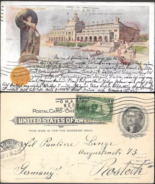 285 TRANS-MISSISSIPPI  EXPOSITION PC to GERMANY Omaha NEBR Sep 1898 During FAIR