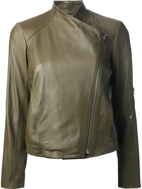 HELMUT LANG Leather Moto Biker Jacket in Olive Green Medium M - $895