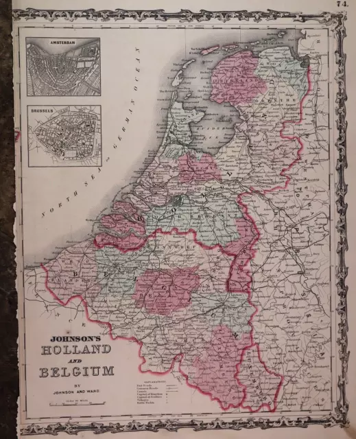 Authentic Antique 1863 Johnson Atlas Map ~ HOLLAND - BELGIUM ~ (14x18) -#1433
