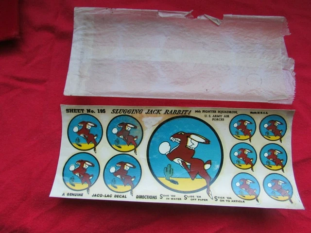 Rare WW2 96th US Army Air F Squadron 11 Jaco-Lac Decals-Slugging Jack Rabbit !!