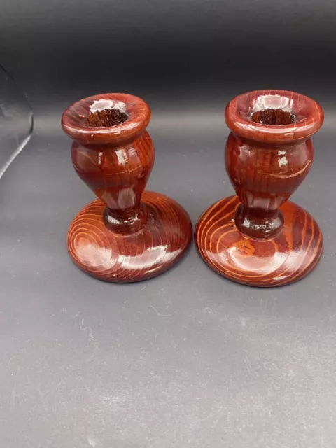 Vintage California Redwood 4” Pair of Taper Candleholders Matching Hand turned