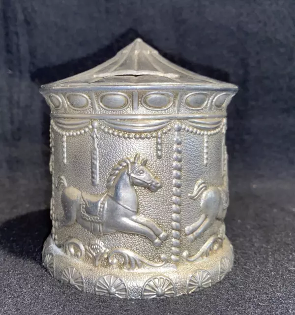Vintage Silver-Plated Circus Carousel Merry-Go-Round Horses Coin Piggy Bank 2.5"