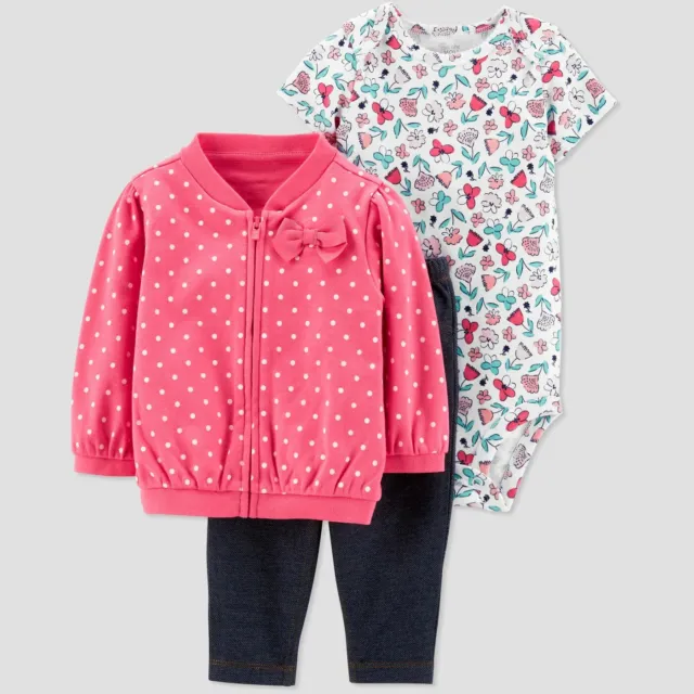 Baby Girl 3 Piece Carters Jacket Pants Bodysuit Pink Polka Dot Flowers NWT 3 6