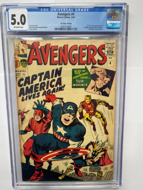 THE AVENGERS #4 Captain America Silver Age UK Price Variant Marvel 1964  CGC 5.0