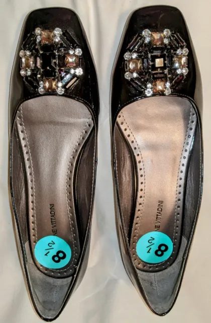 Adrienne Vittadini Womens Black Leather Square Toe Jeweled Slip-On Shoe sz 8.5