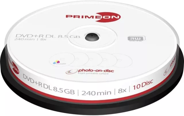 1x10 PRIMEON DVD+R DL Discs 8.5GB 240min 8x PrintableCakebox 2761254 NEU 008-424