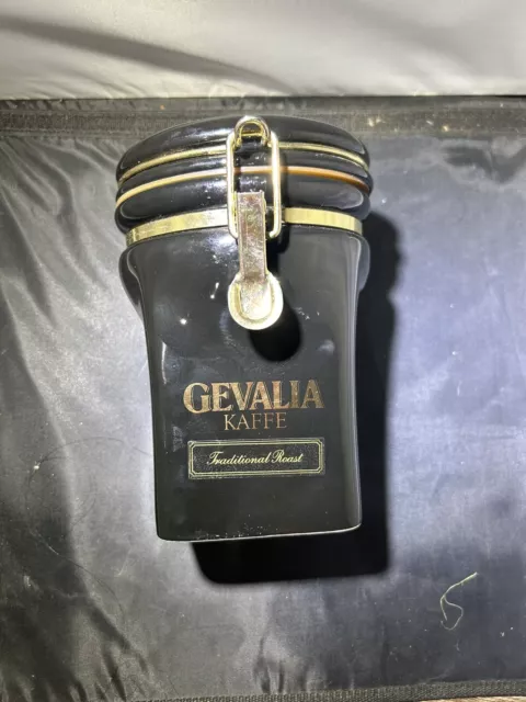 Gevalia Kaffe Coffee Canister Jar Black & Gold Collectible 7” airtight container