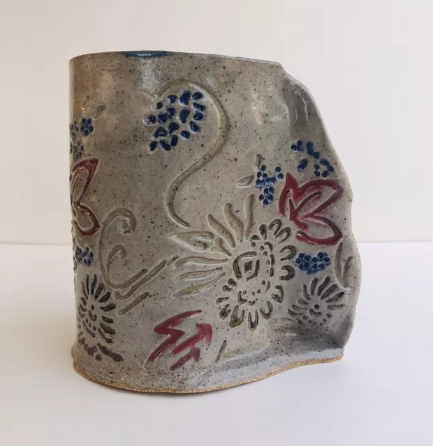 Unique Pottery Slab Art Floral Etched Abstract Handmade Signed Vase Sandstone