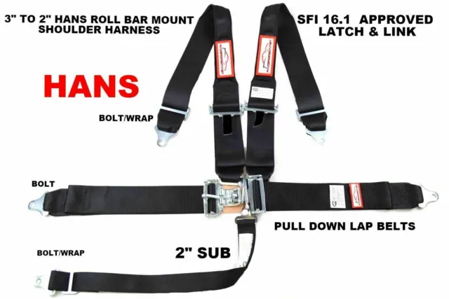 Hans Racing Safety Harness Sfi 16.1 Racing 5 Point Roll Bar Mount 3" Latch Adrl