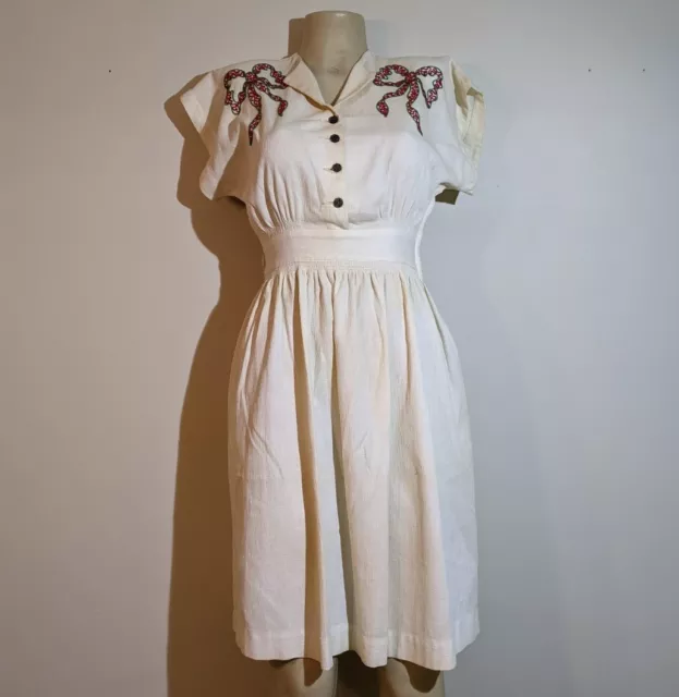 Vintage 50s Diner Waitress Fit Flare Dress White Retro Pinup Measurements In Pic