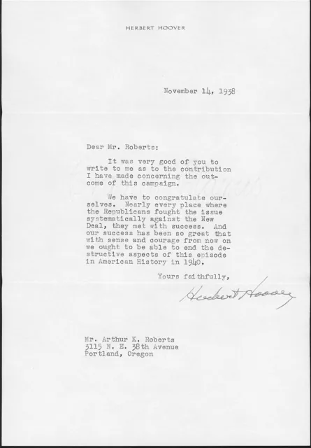 1938 US President Herbert Hoover Political Letter & Cover Original Signature