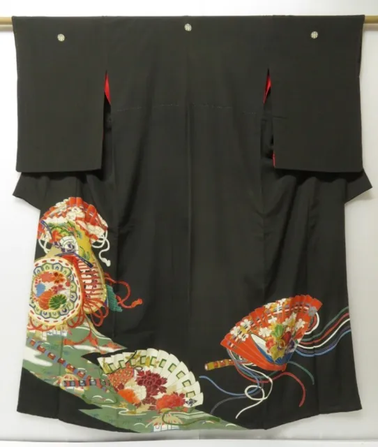 2213T07z830 Antique Japanese Kimono Silk TOMESODE Hand drum Black