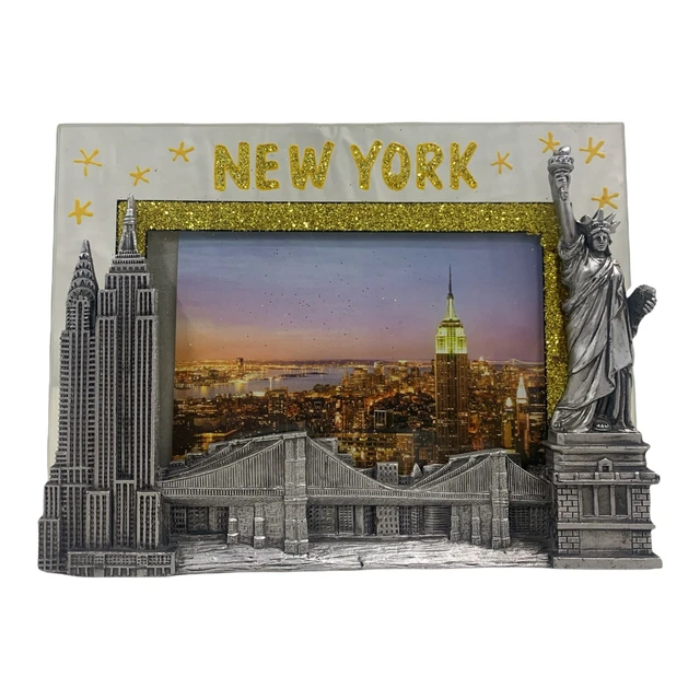 NEW YORK CITY Picture Frame 5.75”X4” NYC Skyline Pewter Glitter Statue