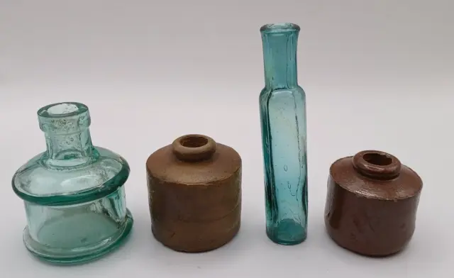 Antique Old Stoneware Pottery & Glass Ink Pots or Medicine Bottles x4