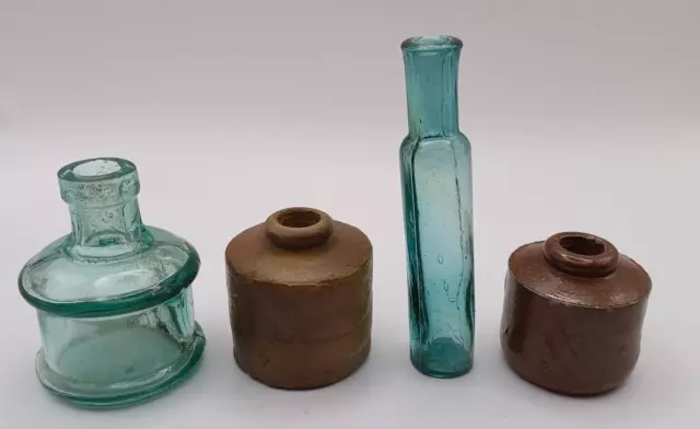 Antique Old Stoneware Pottery & Glass Ink Pots or Medicine Bottles x4