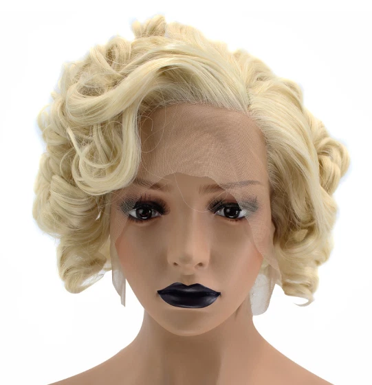 Lo último Anogol Rubia Sintética Peluca Frontal de Encaje Corta Rizada Marilyn Cosplay Pelucas