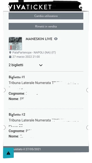 2 biglietti concerto Maneskin Napoli 29/03/2023
