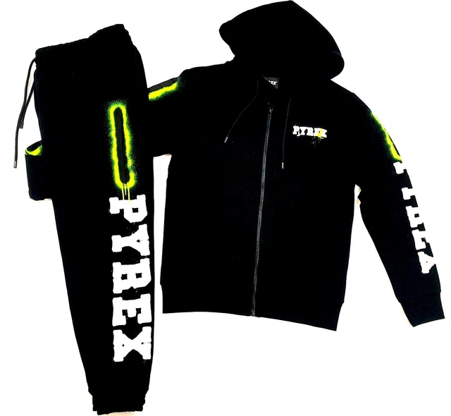 Pyrex Tuta Uomo Nera Estiva Garzata Felpa Zip con Cappuccio +Pantalone Maxi Logo