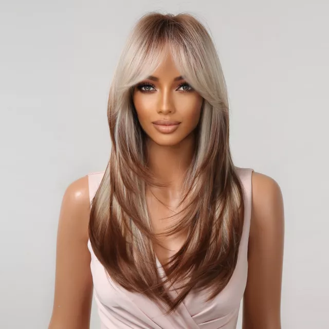 Long Straight Blonde Layered Synthetic Wigs Brown Ombre Fashion Wigs With Bangs 2