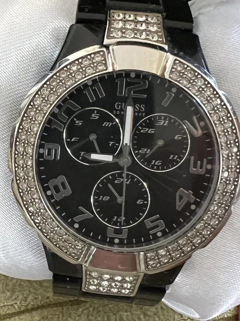 Women Guess Watch U11622l4 Silver Steel Case Black Polycabonate Band Crystal Acc