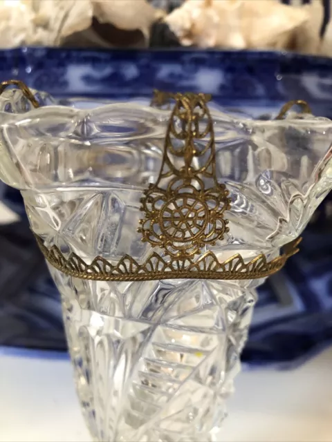 Antique Pressed Pattern Glass Vase Lovely Gilt  Filigree Decoration