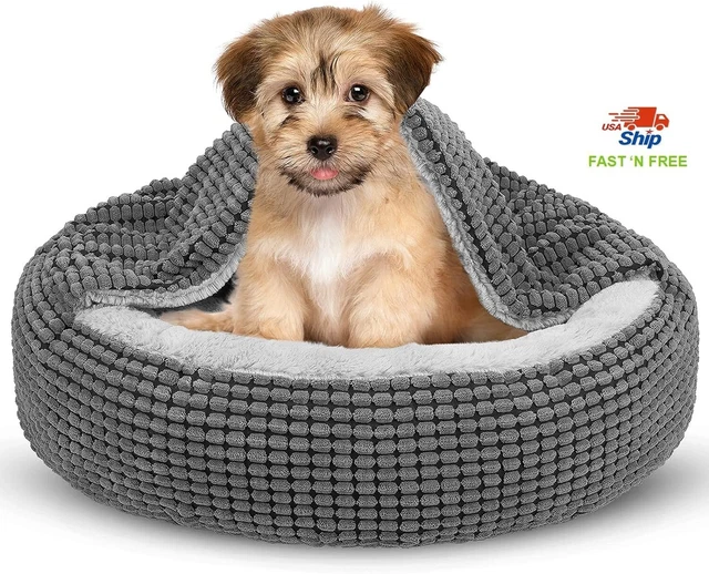 Small Dog Bed with Attached Blanket, Cozy Donut Coddler Anti-Anxiety Hooded Pet