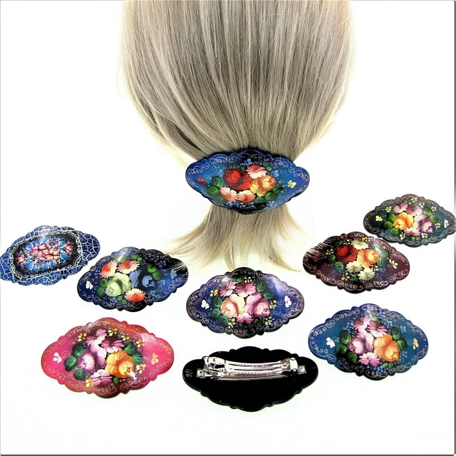 Barrette En Papier Mâché Russe Peinte à La Main - Style Zhostovo Floral