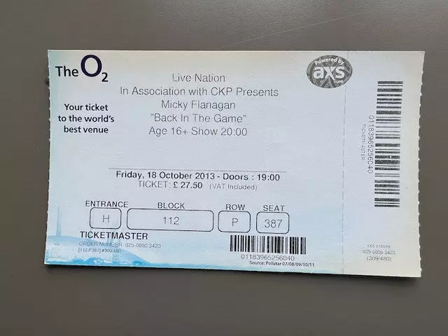 Micky Flanagan  O2 London  18/10/2013 Ticket Block 112