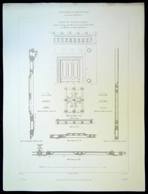 Ancienne Gravure d'Architecture  Palais de justice de Paris, détail en fer forgé