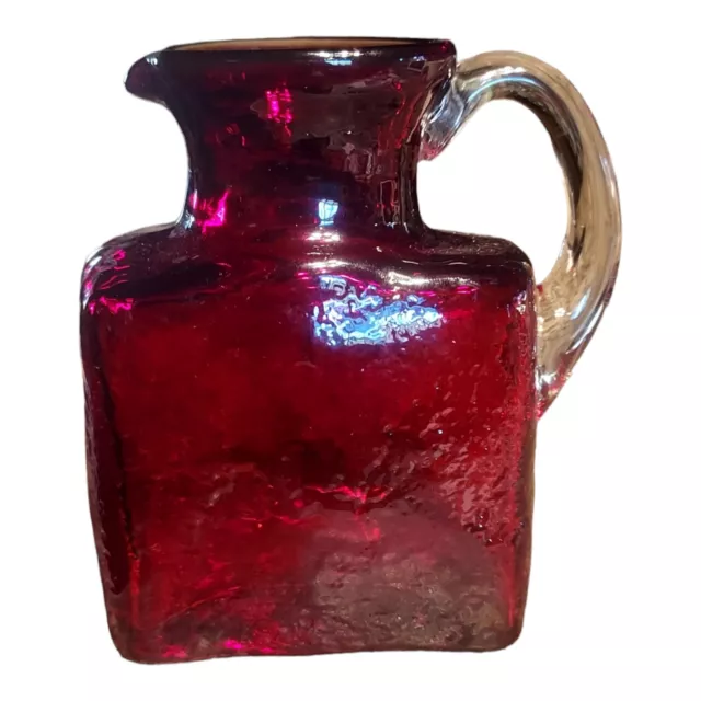 Vintage Pilgram Hand Blown Cranberry Glass Clear Handle 3.75" Pitcher Creamer