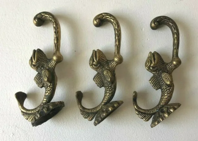 Lot of 3 Vintage Antique Solid Brass Koi Fish Key Cloth Wall Mounted Hooks 6" L
