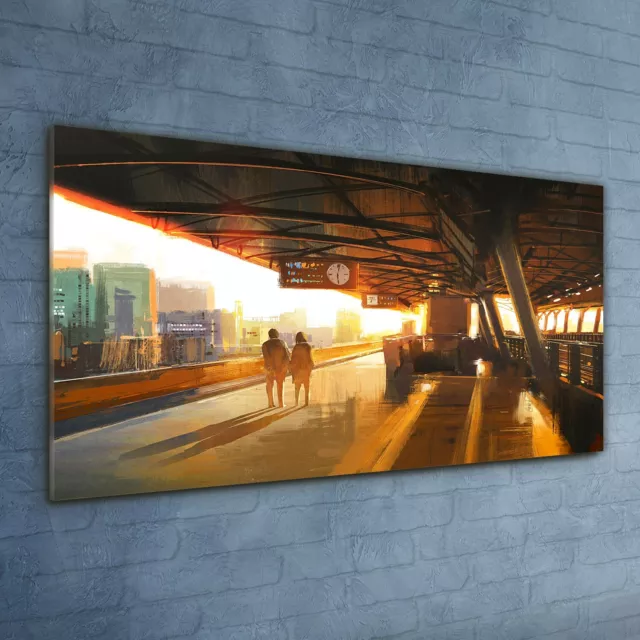 Druck auf Glas Wandbild Glasbilder 120x60 Gemälde Bahnhof Paar Sonnenuntergang