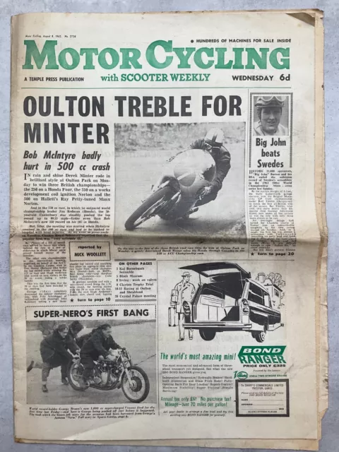Motor Cycling - 8 August 1962 - Jeff Smith, Valves, Minter  - Vintage Newspaper