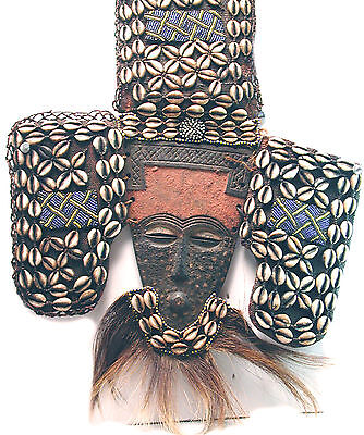COLLECTIBLE BEADED TRIBAL FACE MASK w BEADS FOLDING WOOD PENDE DRCONGO ETHNIX