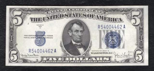 1934-D $5 Five Dollars Silver Certificate Currency Note Gem Uncirculated (F)