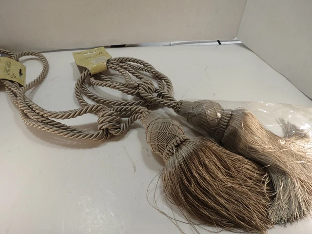 Large Curtain tiebacks holdbacks tassels beige brown bohemian renaissance  2 NWT