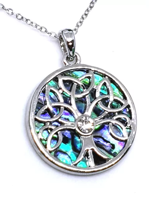 Celtic Tree of Life Abalone Pendant Necklace CZ Gem 20" Silver Chain Jewellery