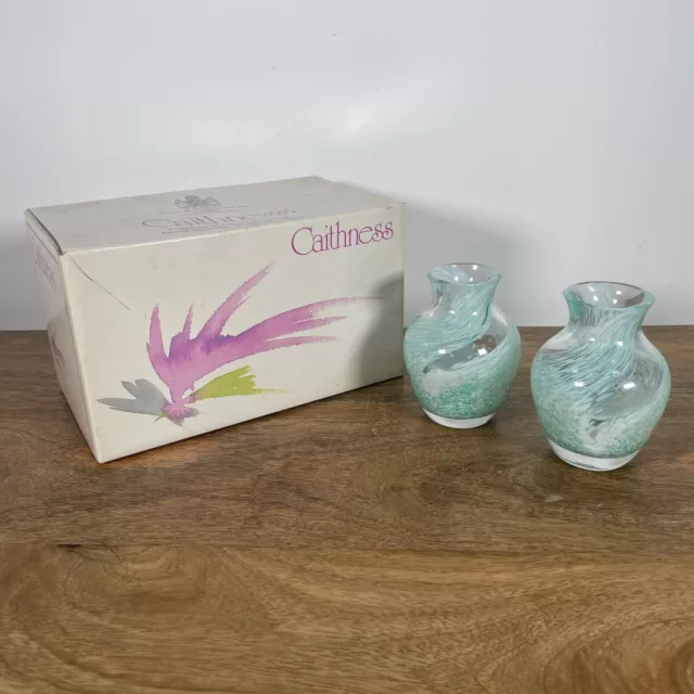 Caithness Crystal Glass Vases Pair Aqua Green Blue Swirls Scotland Art Boxed Vtg