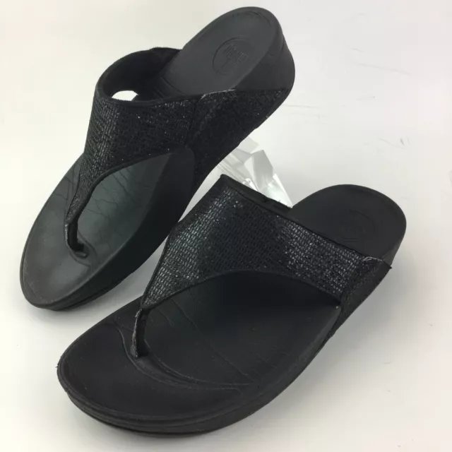 FitFlop LULU Superglitz Black Shiny Thong Wedge Sandals  Womens 7 639-001