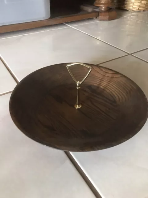 VINTAGE MCM SOLID WOOD BOWL/ DISH 12" ROUND WITH HANDLE - EUC Med Brown