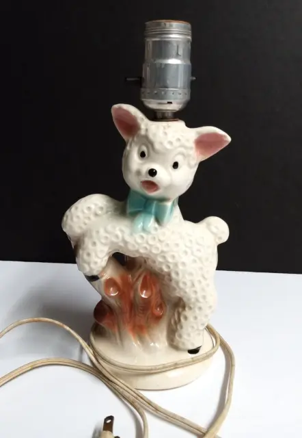 Adorable Ceramic Lamb in Blue Bow Baby Room Nursery Lamp 8"h c1950s *Works*