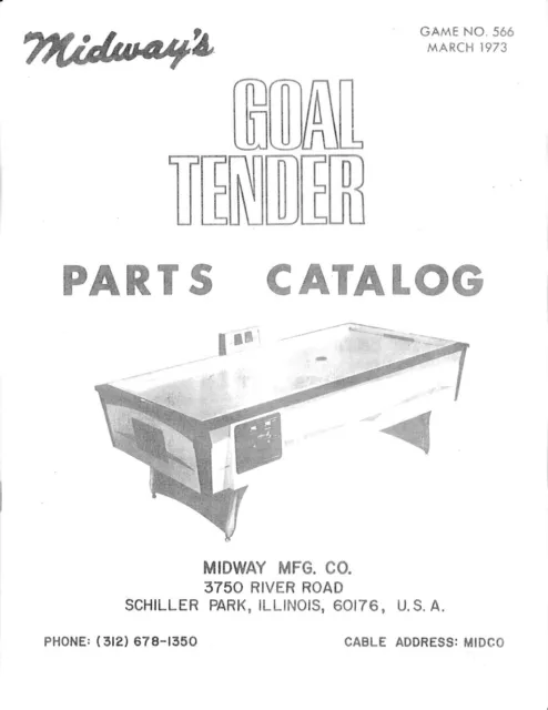 Midway's Goal Tender [Air Hockey] Arcade Game Parts Catalog Manual  - New!